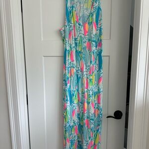 Lilly Pulitzer Turquoise Maxi Dress with Neon Pink & Yellow Print